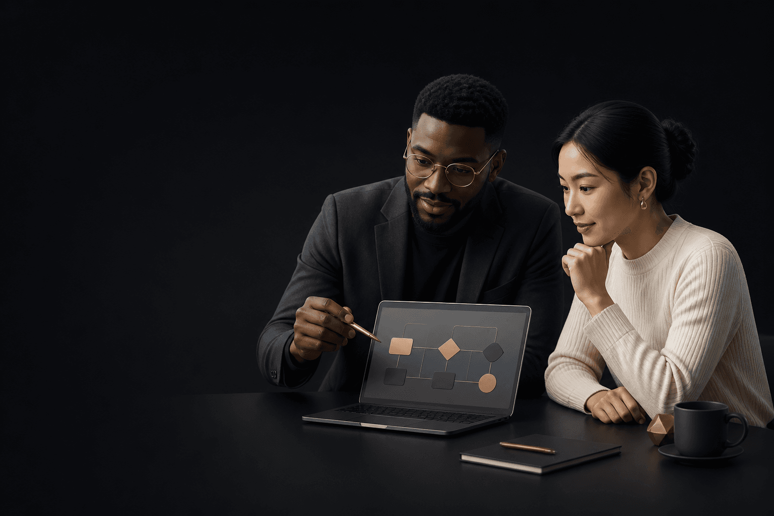 Two professionals reviewing a business workflow together
